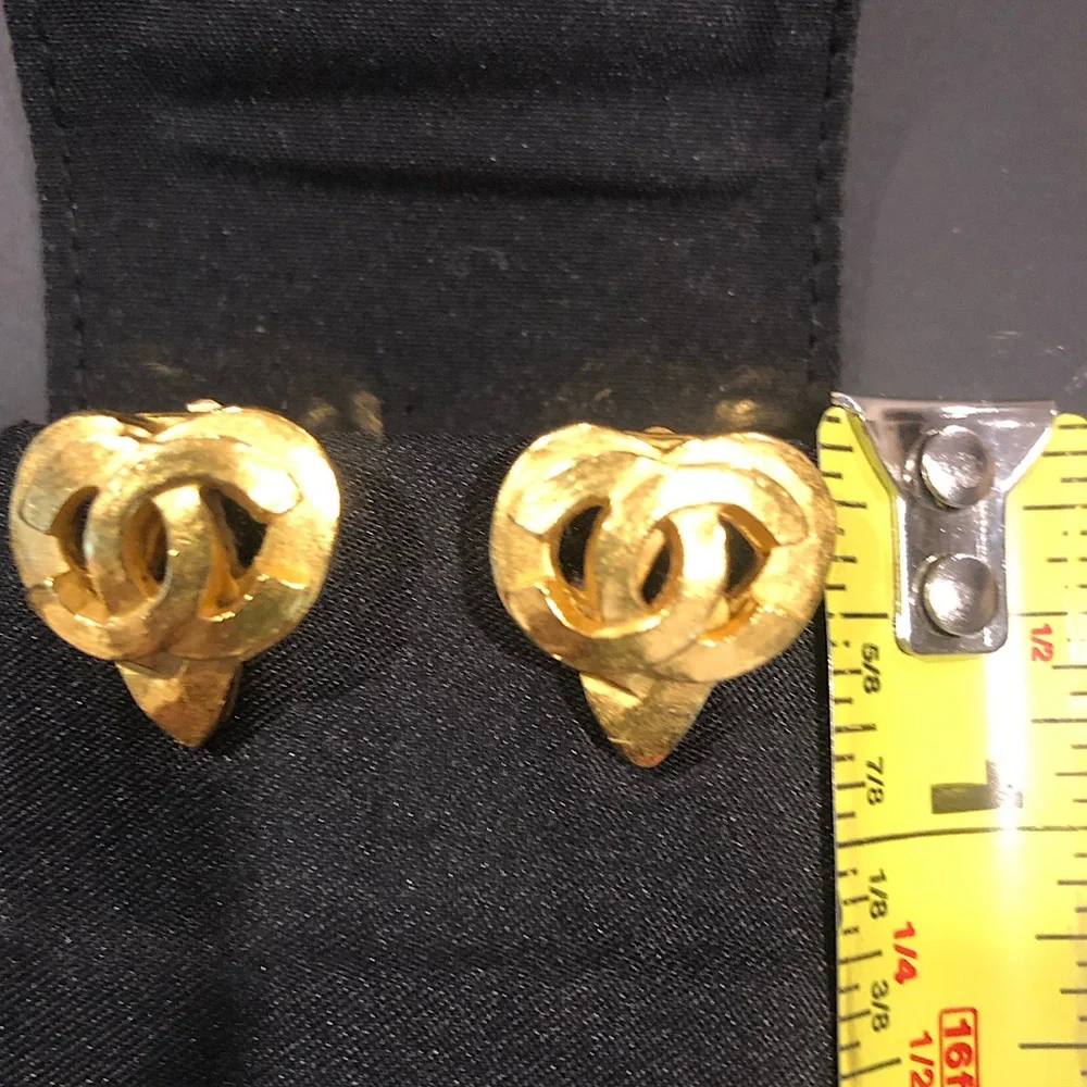 CHANEL CC Interlinked Open Heart Gold Statement Earrings w/ Box